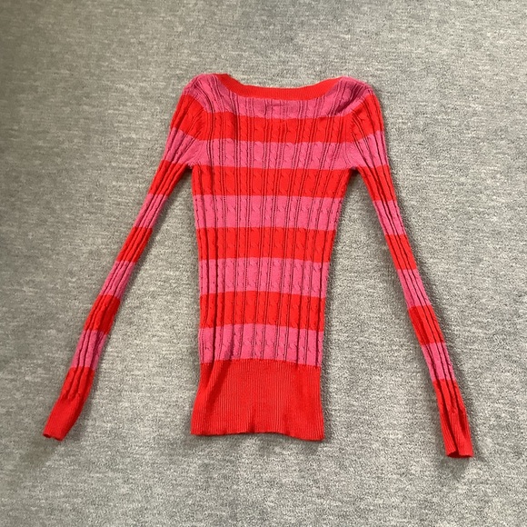 American Eagle Outfitters Y2K Red and Pink Striped V-Neck Sweater Sz. S - Picture 3 of 6